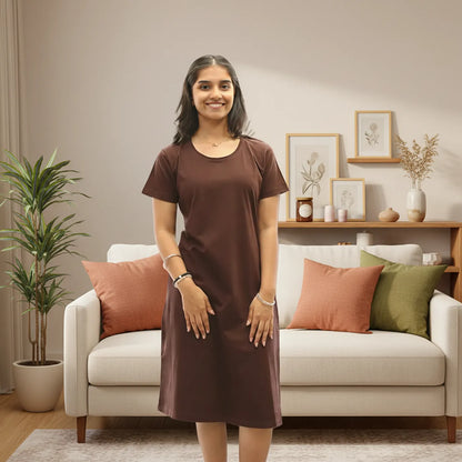 Brown Solid Hosiery Cotton Knee-Length T-Shirt Dress with Pocket