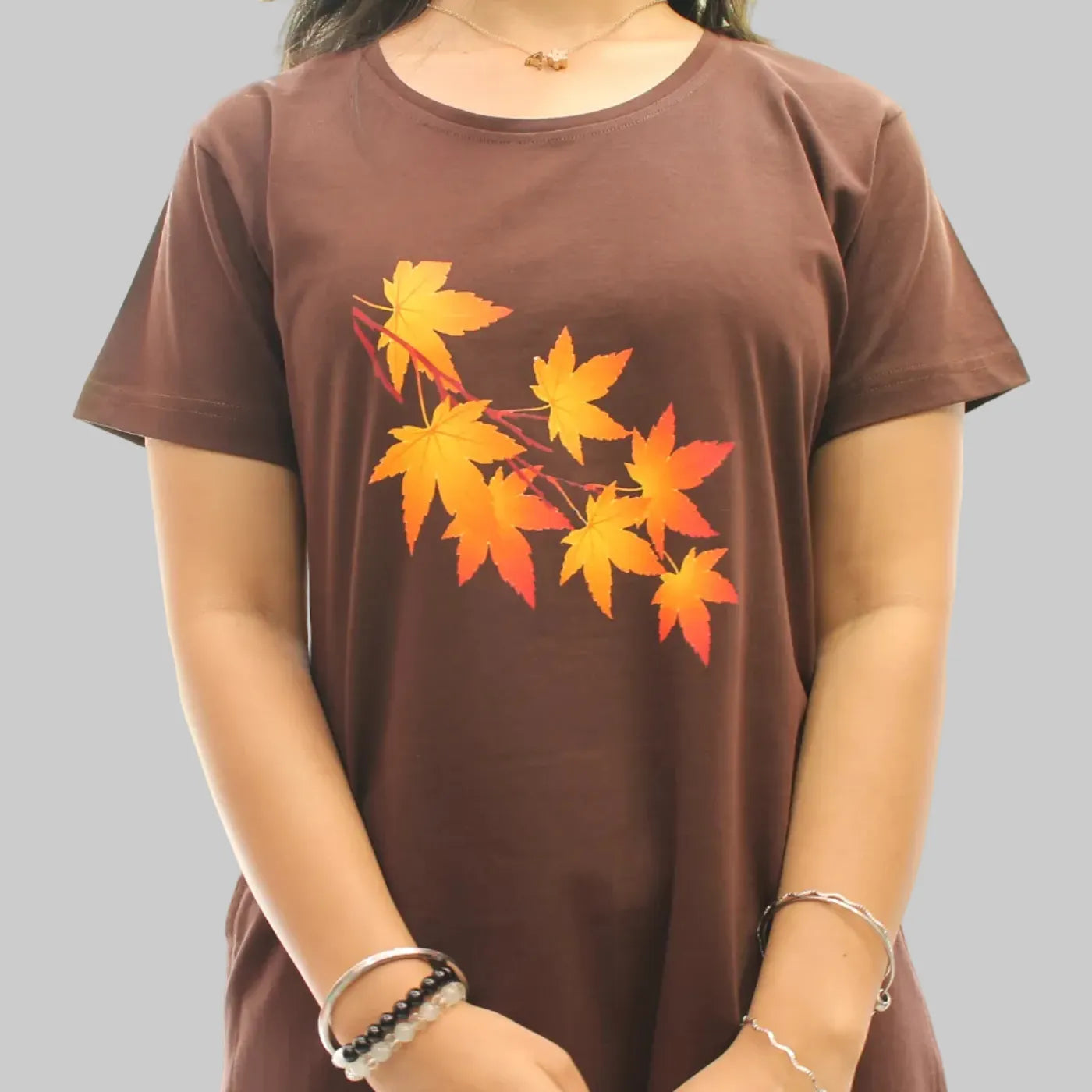 Brown Maple Leaf Hosiery Cotton Knee-Length Short Nighty with Pocket
