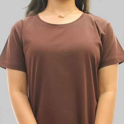 Brown Solid Hosiery Cotton Knee-Length T-Shirt Dress with Pocket