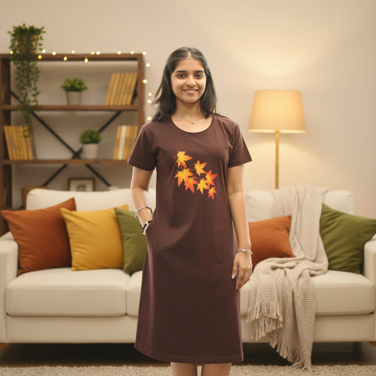 Brown Maple Leaf Hosiery Cotton Knee-Length Short Nighty with Pocket