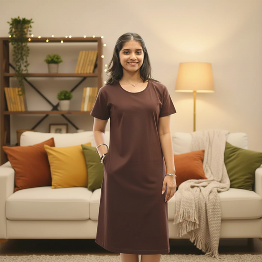 Brown Solid Hosiery Cotton Knee-Length T-Shirt Dress with Pocket