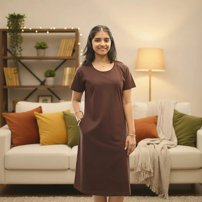 Brown Solid Hosiery Cotton Knee-Length T-Shirt Dress with Pocket