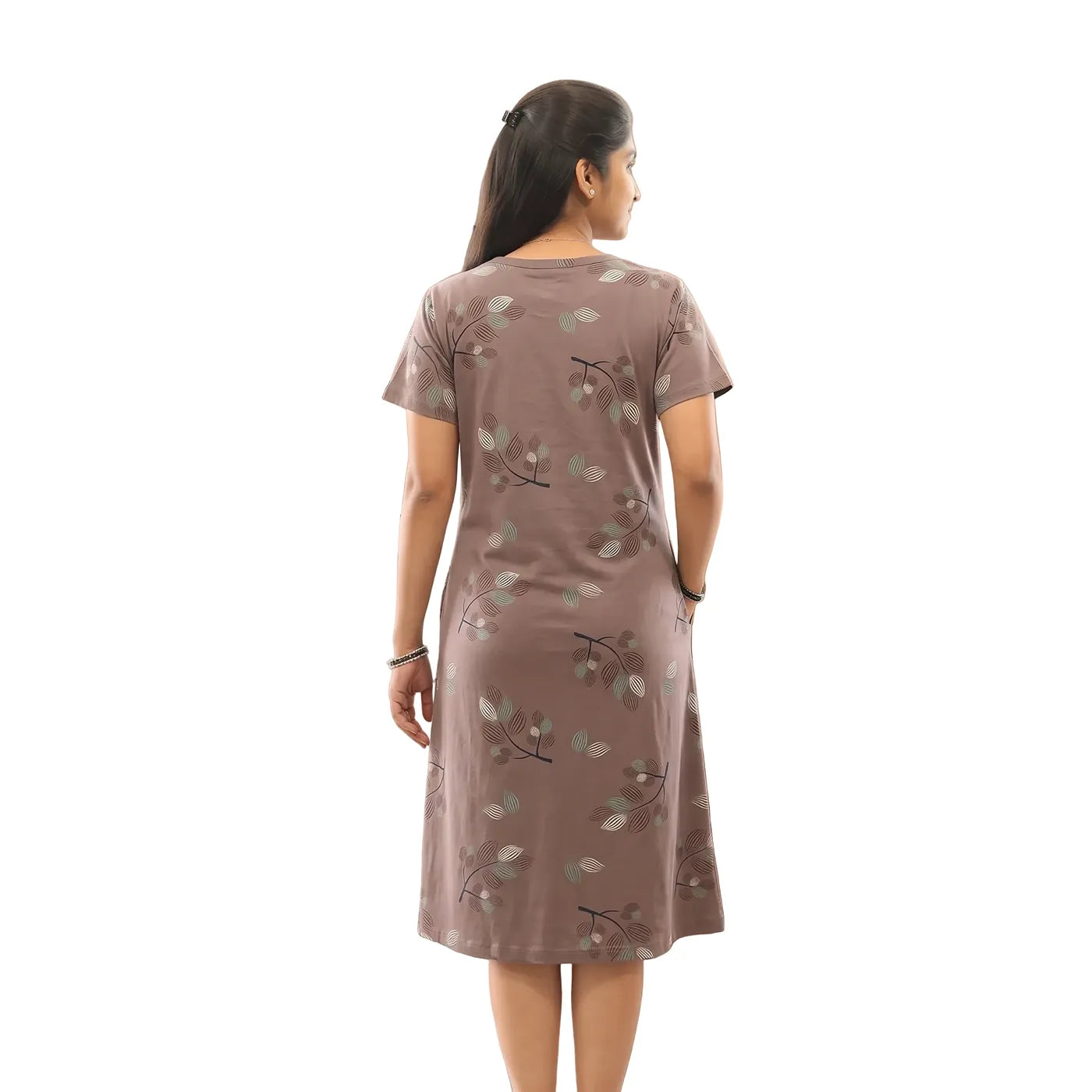 Back view of brown leaf printed cotton short nighty