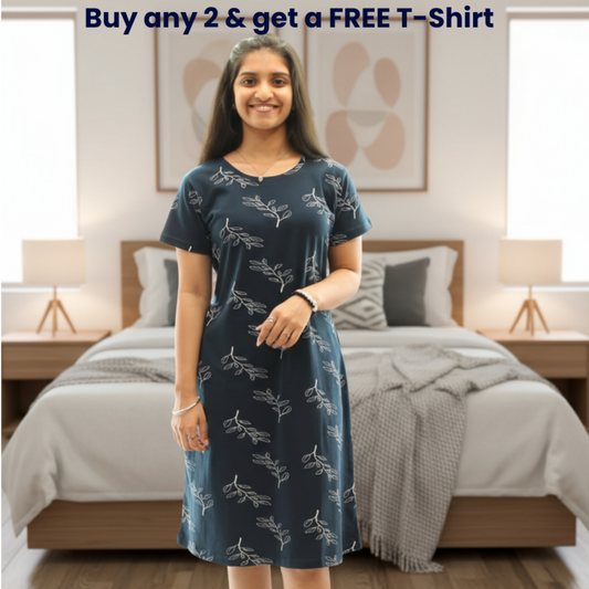 Woman wearing a blue dress with a pattern in a bedroom setting, with promotional text overlay.