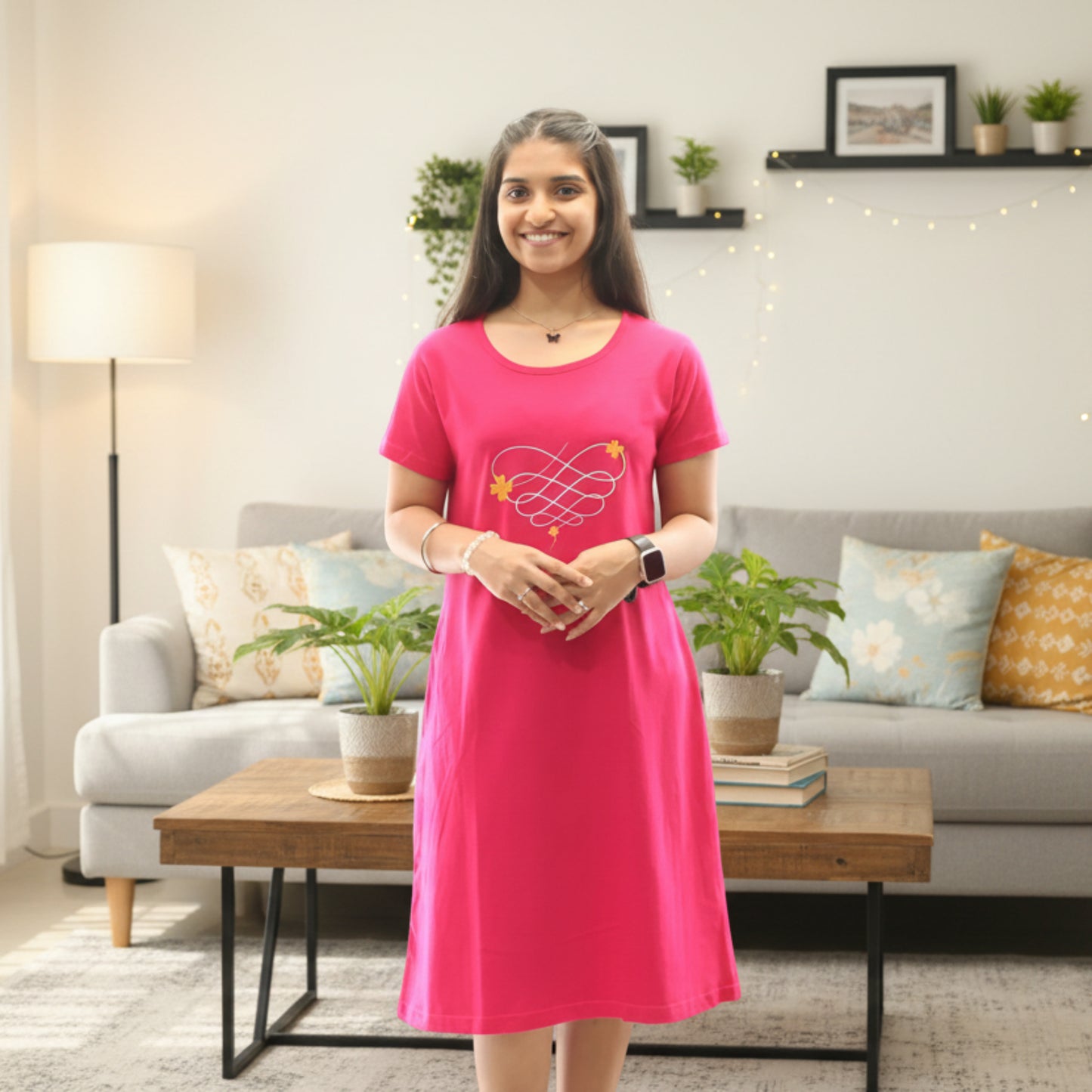 women wearing fuchsia pink color cotton short nighty with pocket 