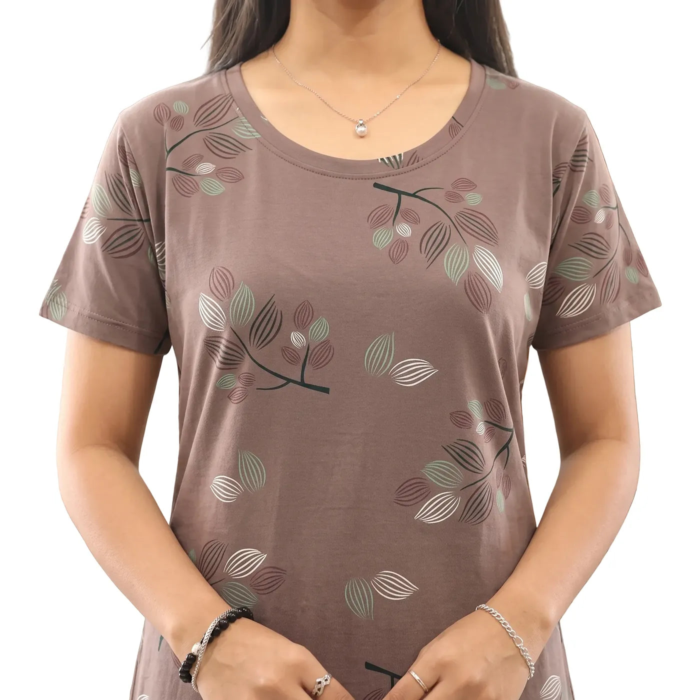 Closeup View of brown leaf printed cotton short nighty for women 