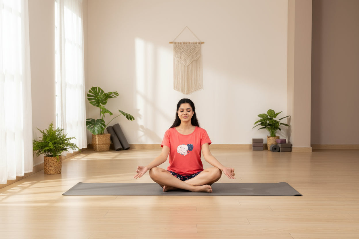Woman sitting in a yoga pose wearing a pink t-shirt with a graphic design 