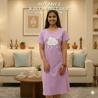 Woman wearing a purple nightshirt with a cloud design in a living room.