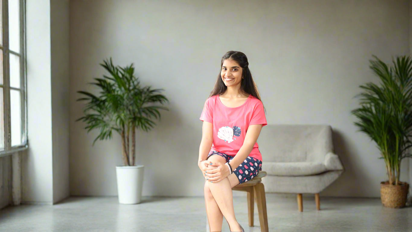 Coral color t shirt and navy blue color shorts with print design, sizes from s to 3 xl
