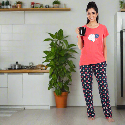 Coral peach color t shirt , navy blue pyjama with floral prints, hosiery cotton pyjama and t shirt set