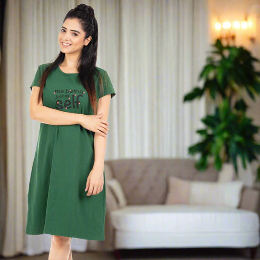Green Color Cotton Short Nighty for Women with print on chest