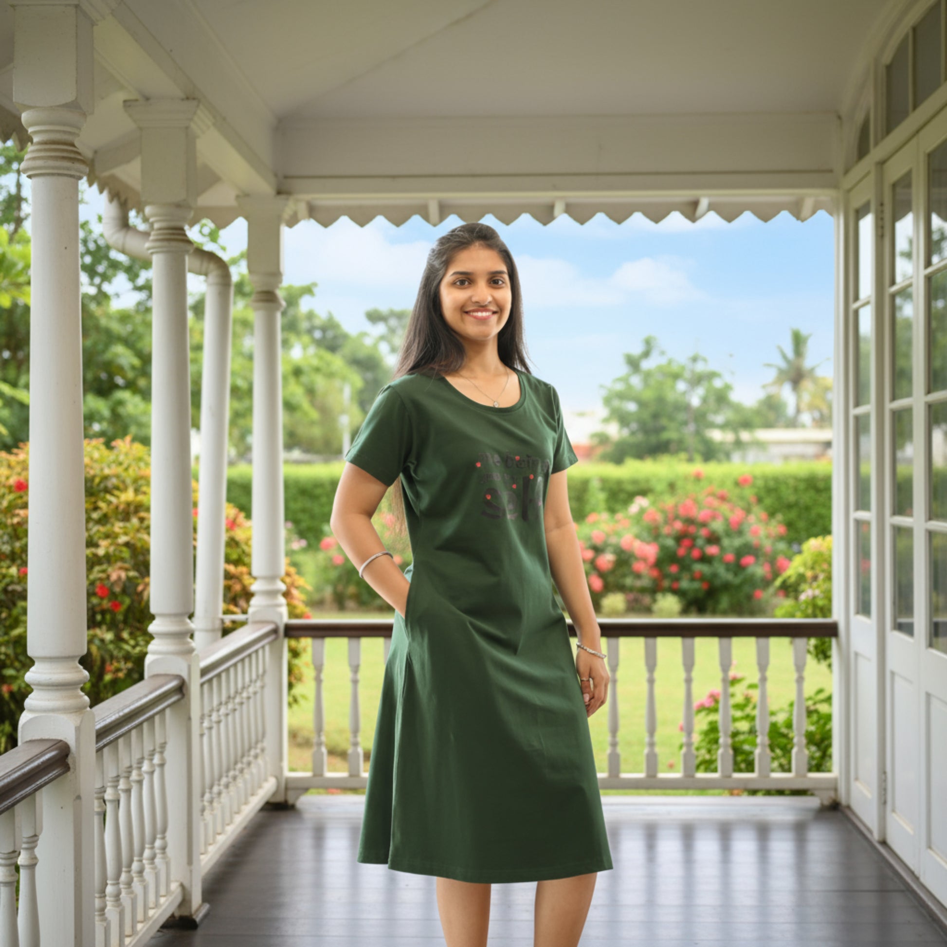 Women wearing green color cotton short nighty with hands in pocket