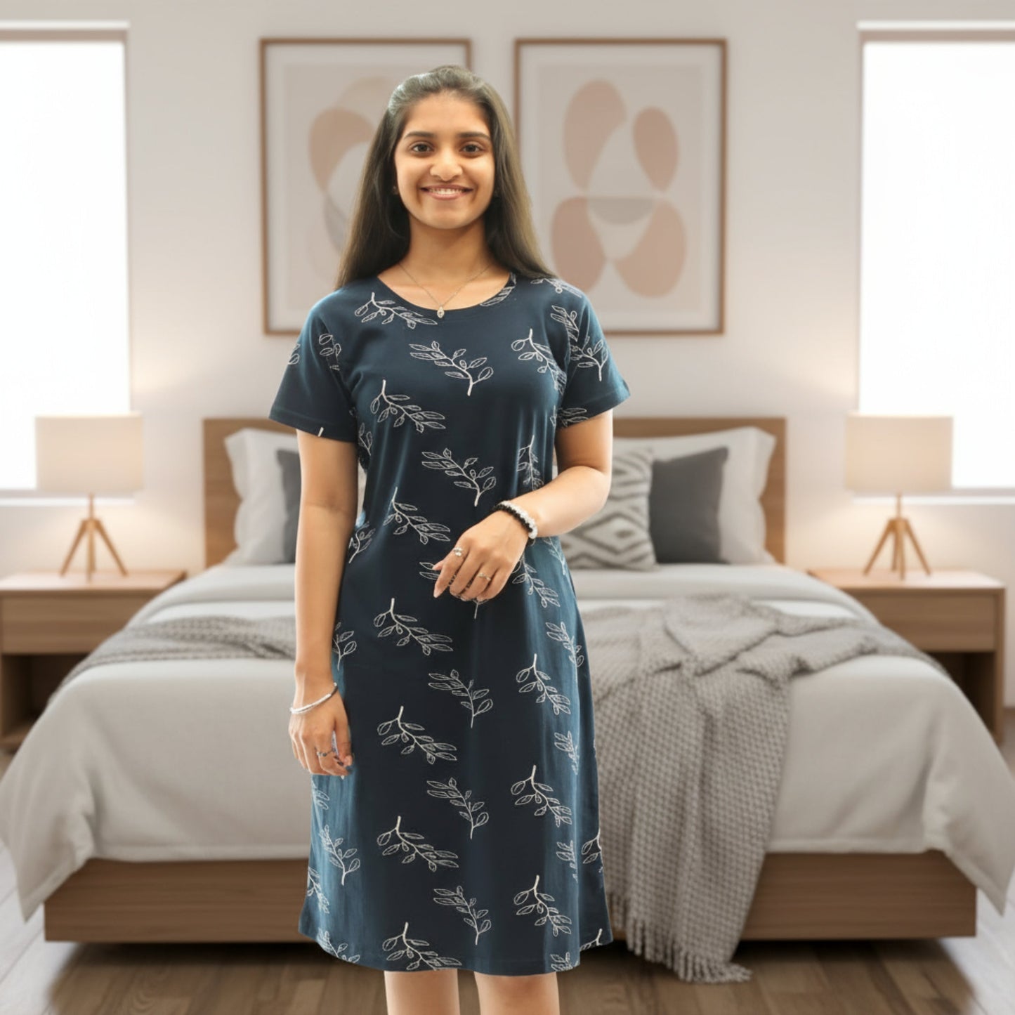 Women's Cotton Printed Knee Length Short Nighty with Pocket - Navy Leaf