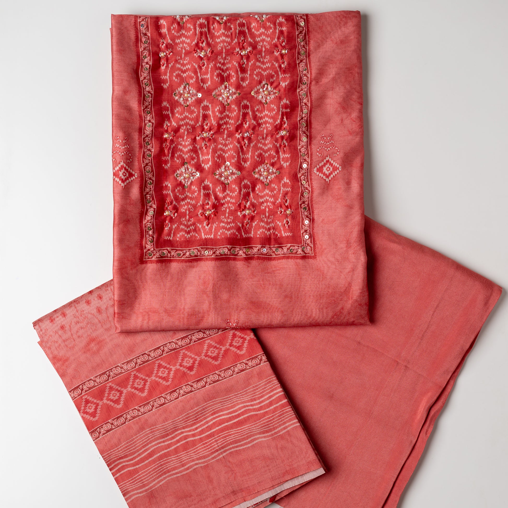patola printed silk pink unstitched salwar suit set for women