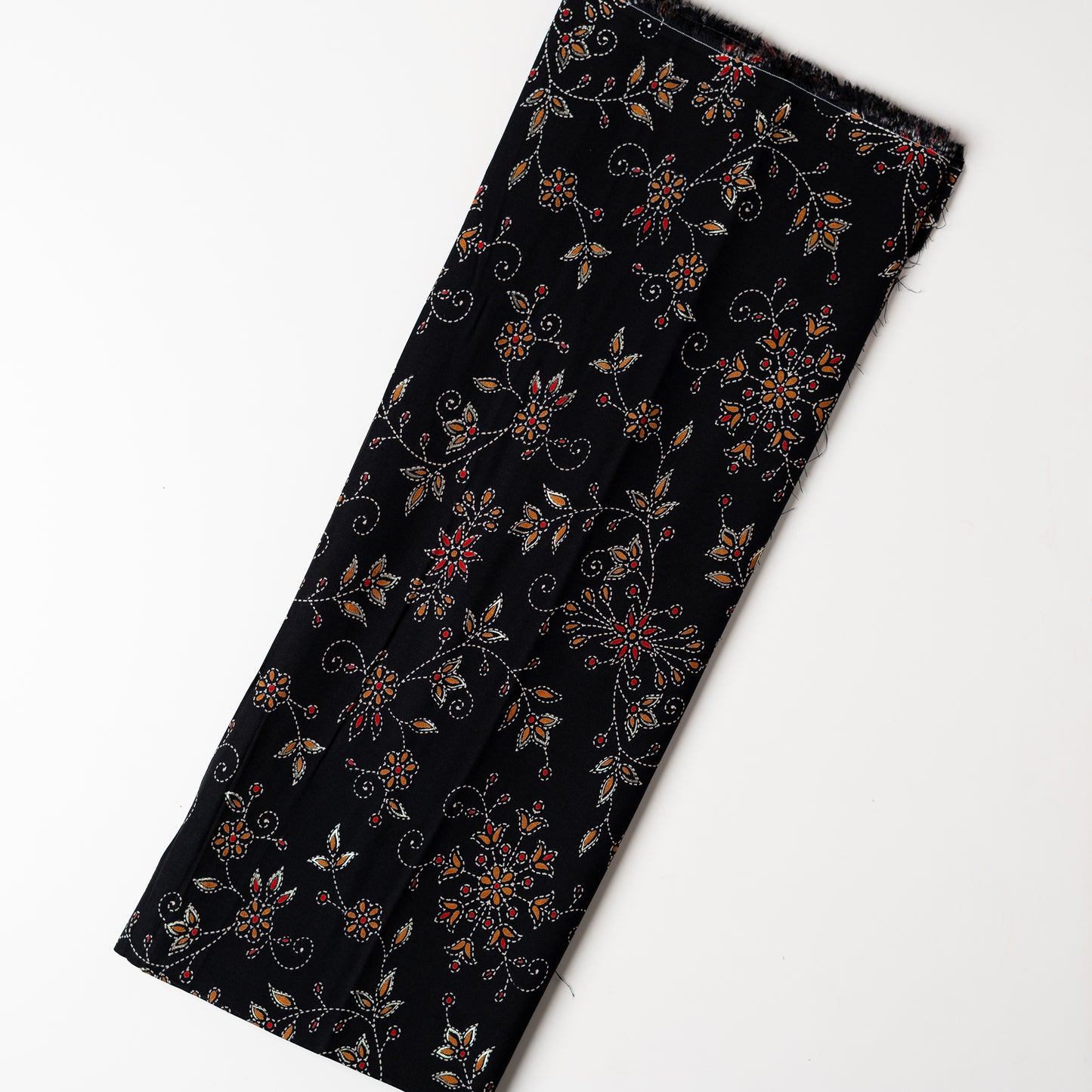 rayon black color fabric with gold color printed design and beautiful floral prints