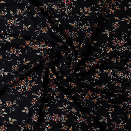 rayon black color fabric with gold color printed design and beautiful floral prints
