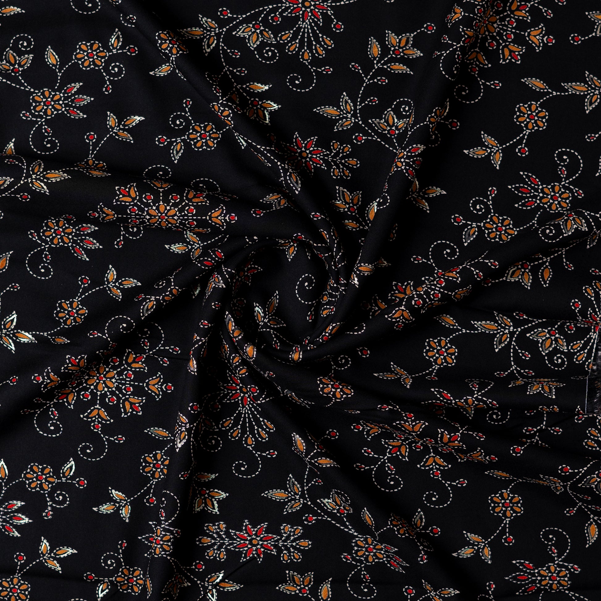 rayon black color fabric with gold color printed design and beautiful floral prints