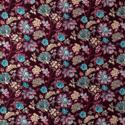 wine red color rayon fabric with gold color print design along with other multi color floral designs