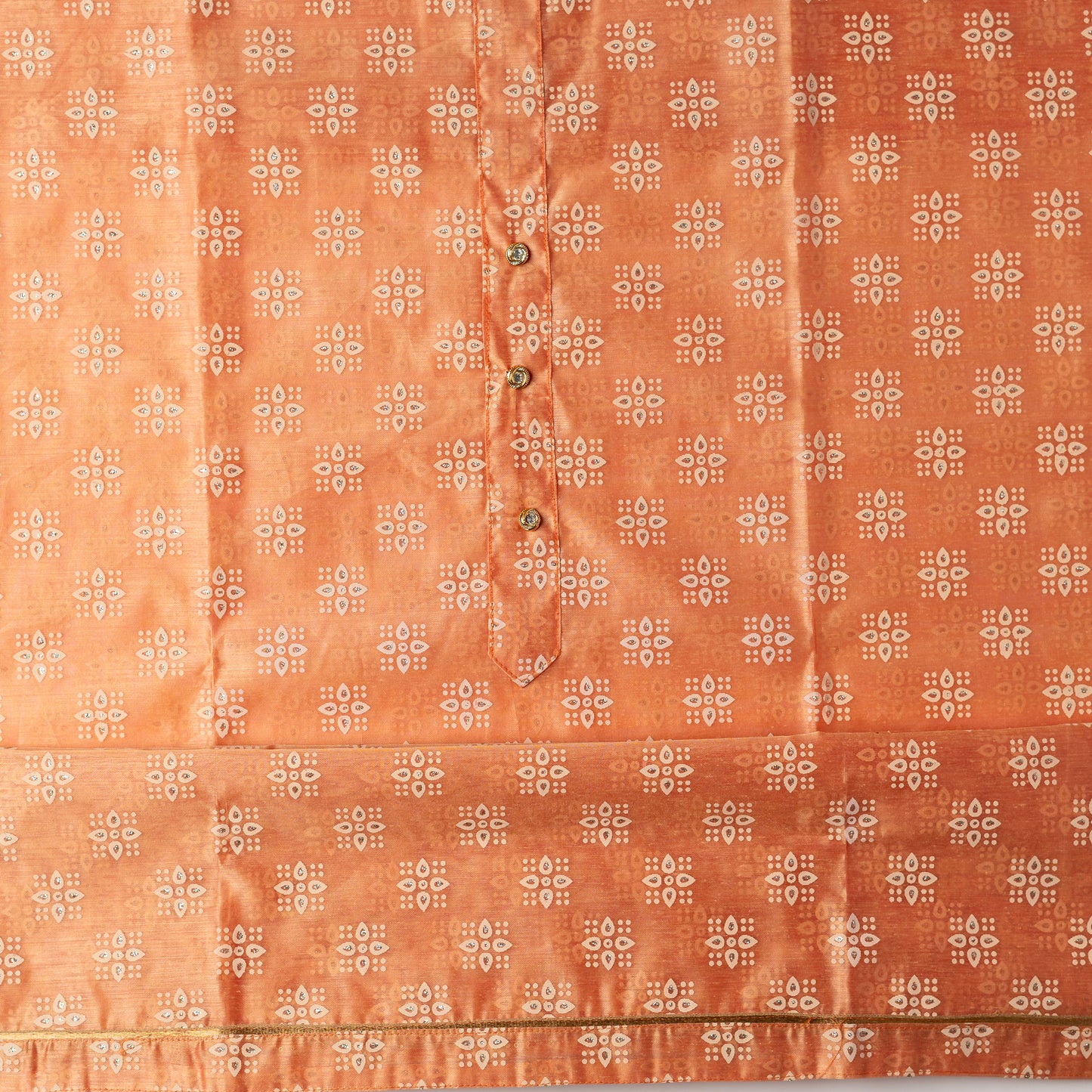 Orange color simple and sober chanderi silk unstitched dress material with prints and glit on the top along with show buttons on the yoke. 