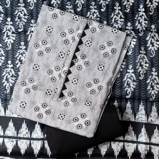 A must buy collection for upcoming summer season, cotton top with print design and pattern in neck line in black color. Chanderi printed dupatta, cotton plain black color bottom