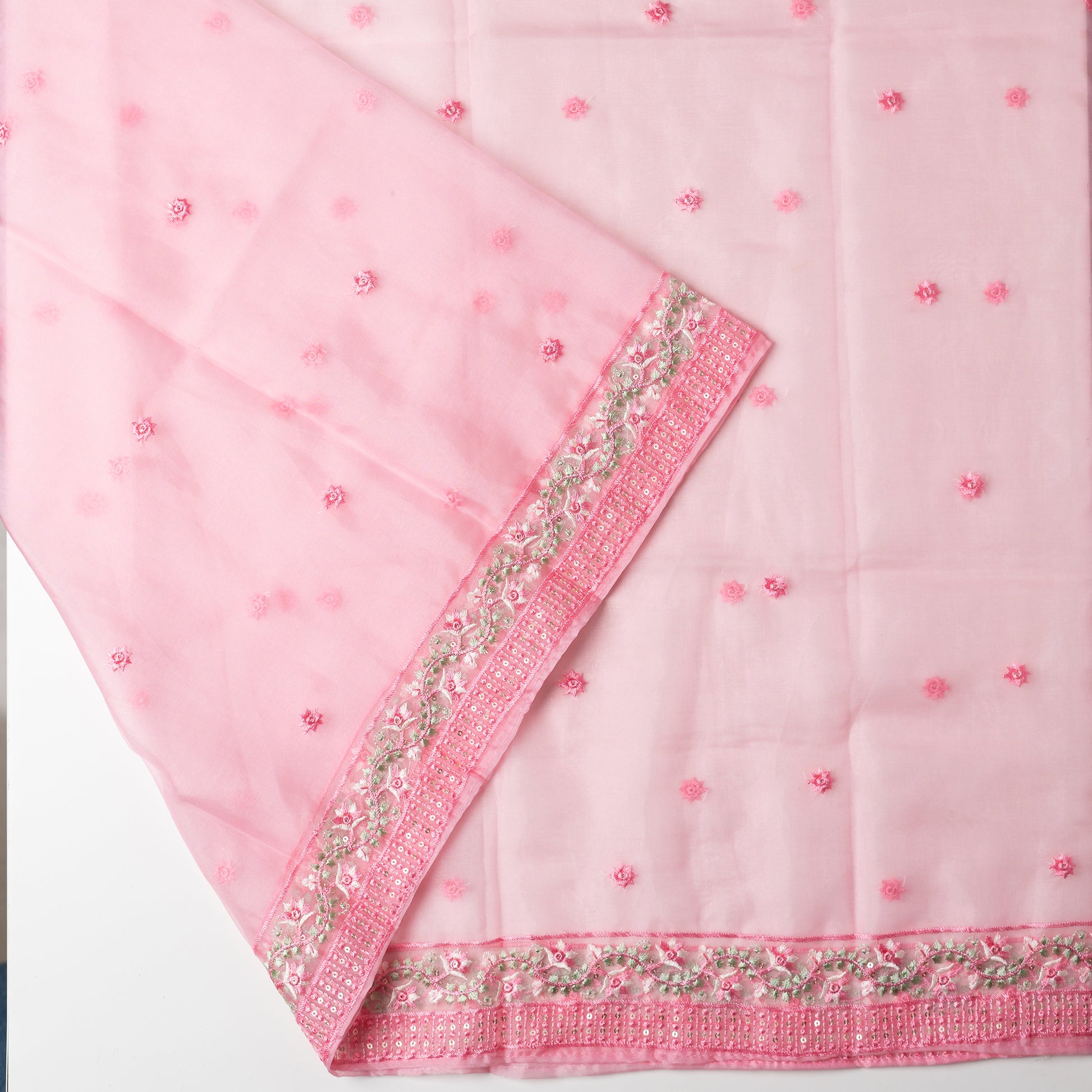 Beautiful silk dupatta with floral embroidery and the borders are perfectly in sync with the top border, embroidery work and sequins. 