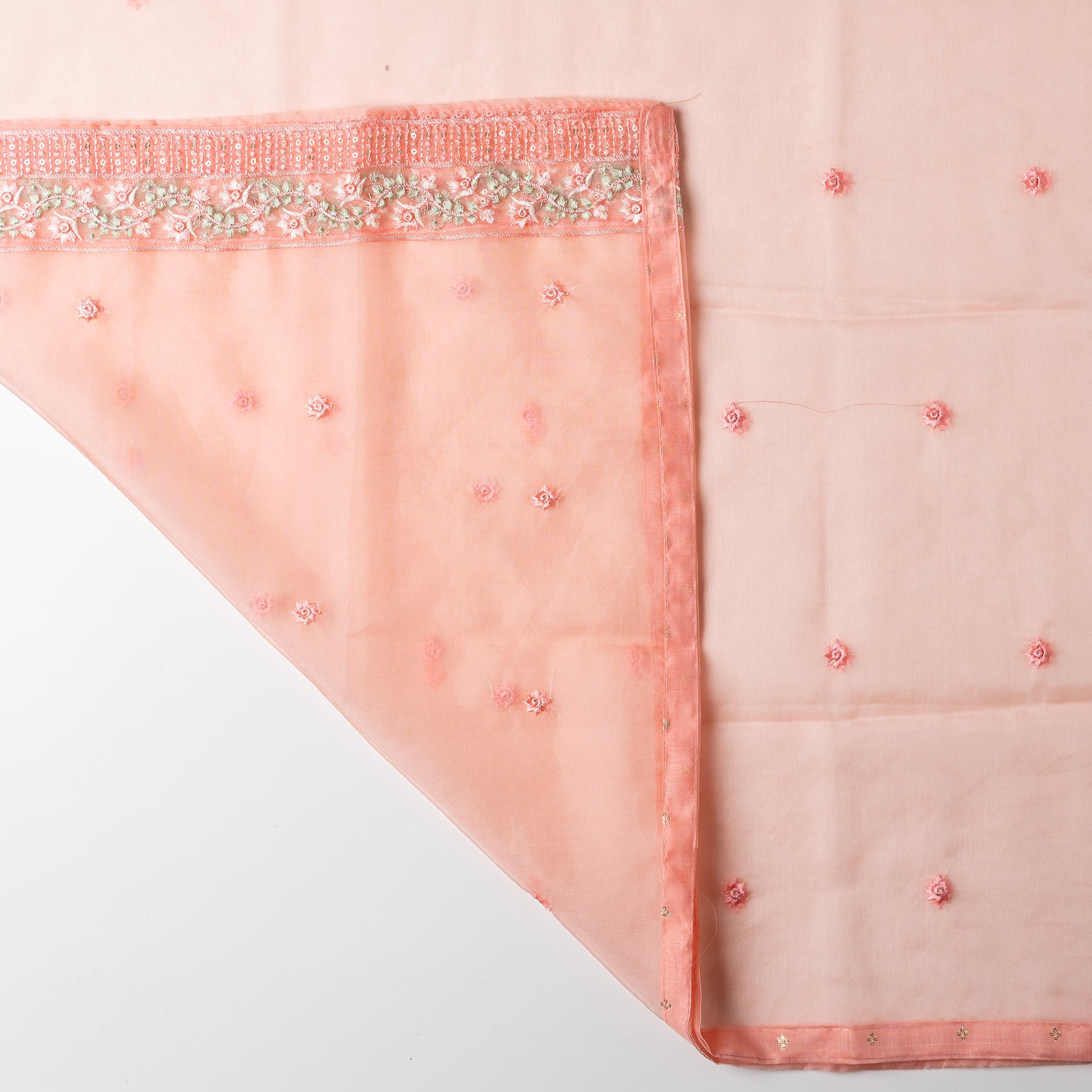 Beautiful silk dupatta with floral embroidery and the borders are perfectly in sync with the top border, embroidery work and sequins.