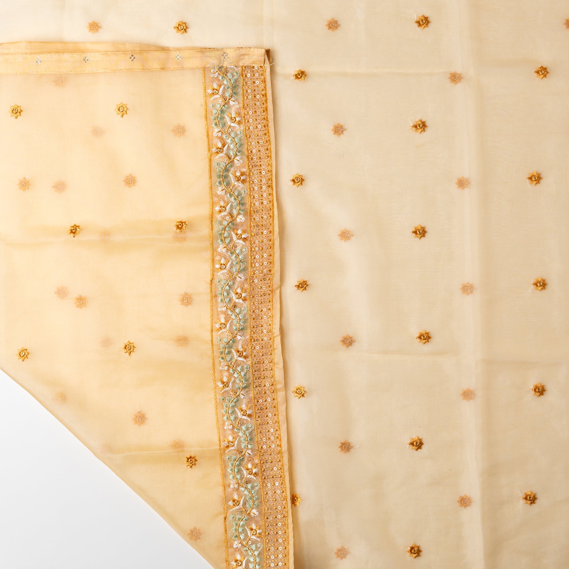 Beautiful silk dupatta with floral embroidery and the borders are perfectly in sync with the top border, embroidery work and sequins.