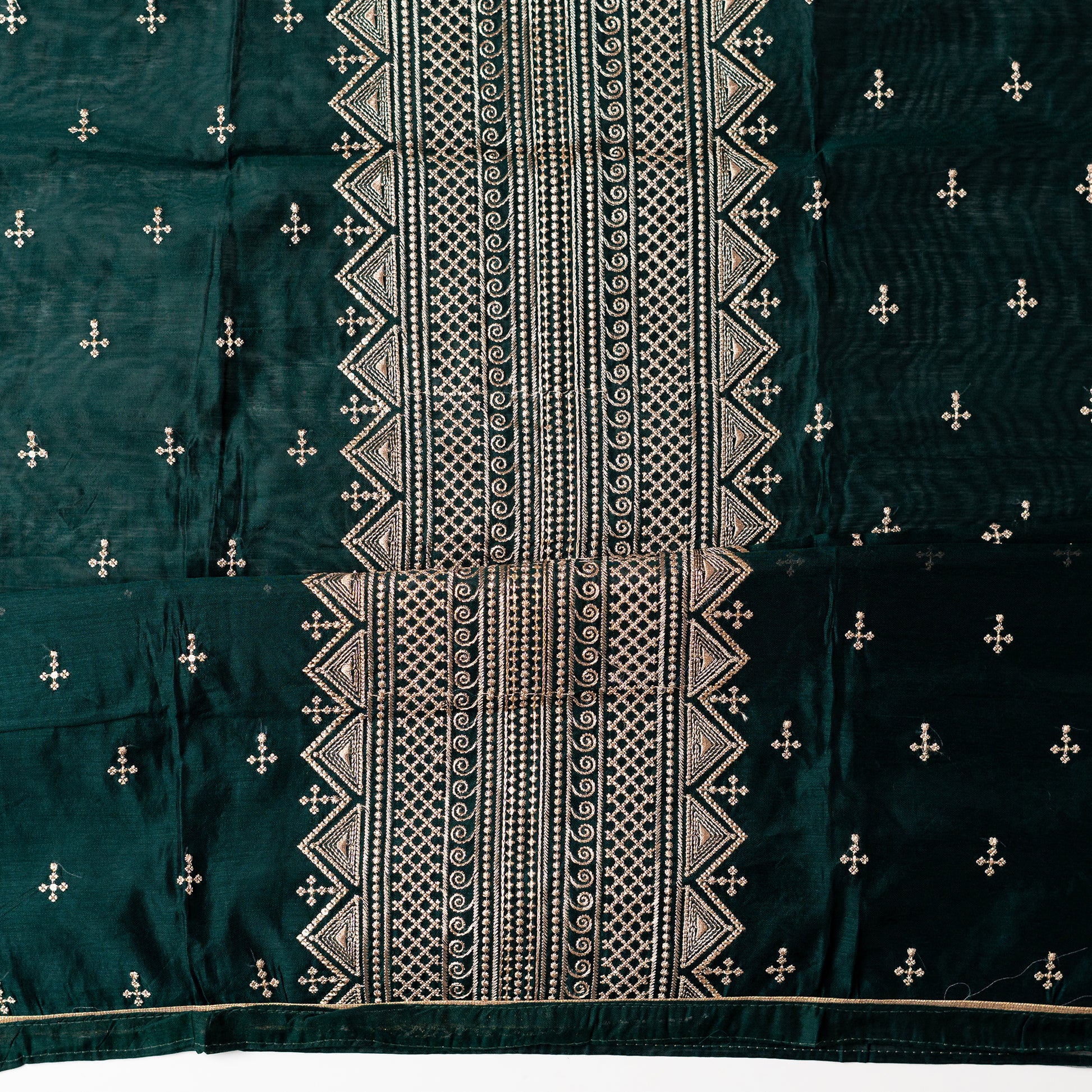 chanderi silk dress material top with embroidery work in the middle from top to bottom, small elegant embroidery work in cream color all over the body, golden color piping at the sides