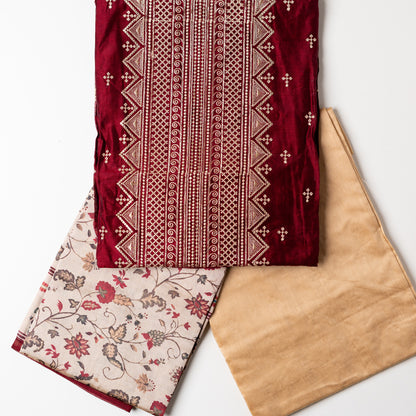 Chanderi silk top in maroon color with sober embroidery work in middle and small elegant embroidery all over the body. Digital printed silk dupatta , Cotton silk cream color bottom