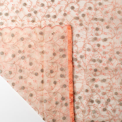 Silk dupatta with peach color thread work and zari embroidery work, it has peach color chanderi silk border also