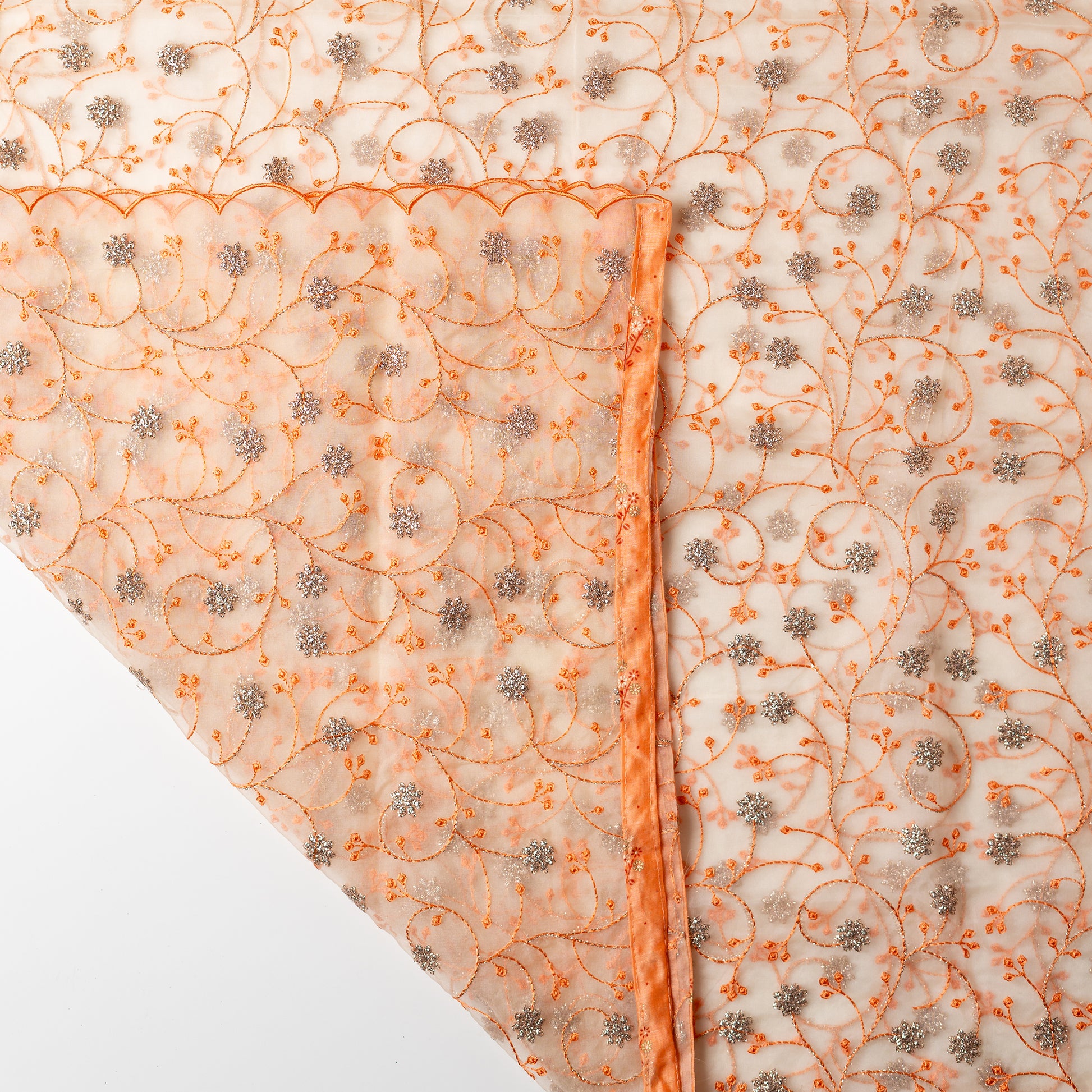 Silk dupatta with coral color thread work and zari embroidery work, it has coral color chanderi silk border also