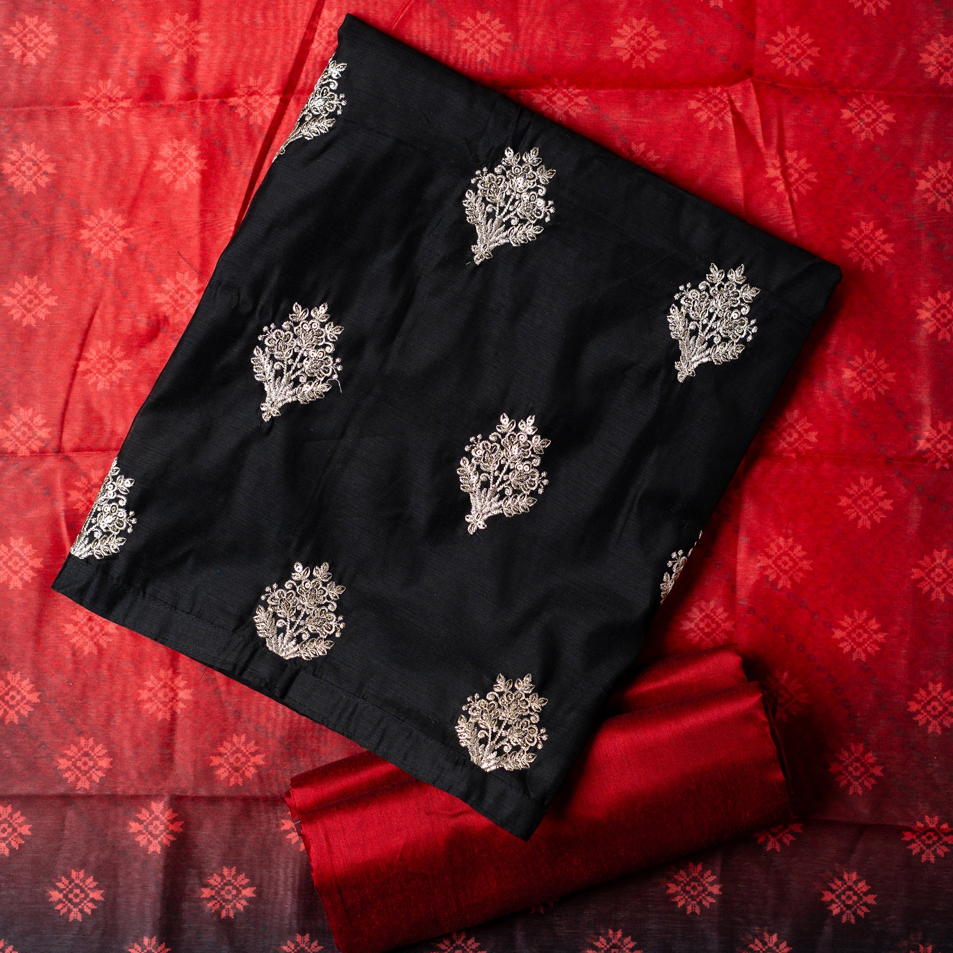 Chanderi silk black color top with silver color embroidery work all over the body, silk dupatta with digital prints, cotton silk red color bottom 