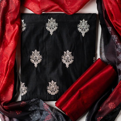 Chanderi silk black color top with silver color embroidery work all over the body, silk dupatta with digital prints, cotton silk red color bottom 