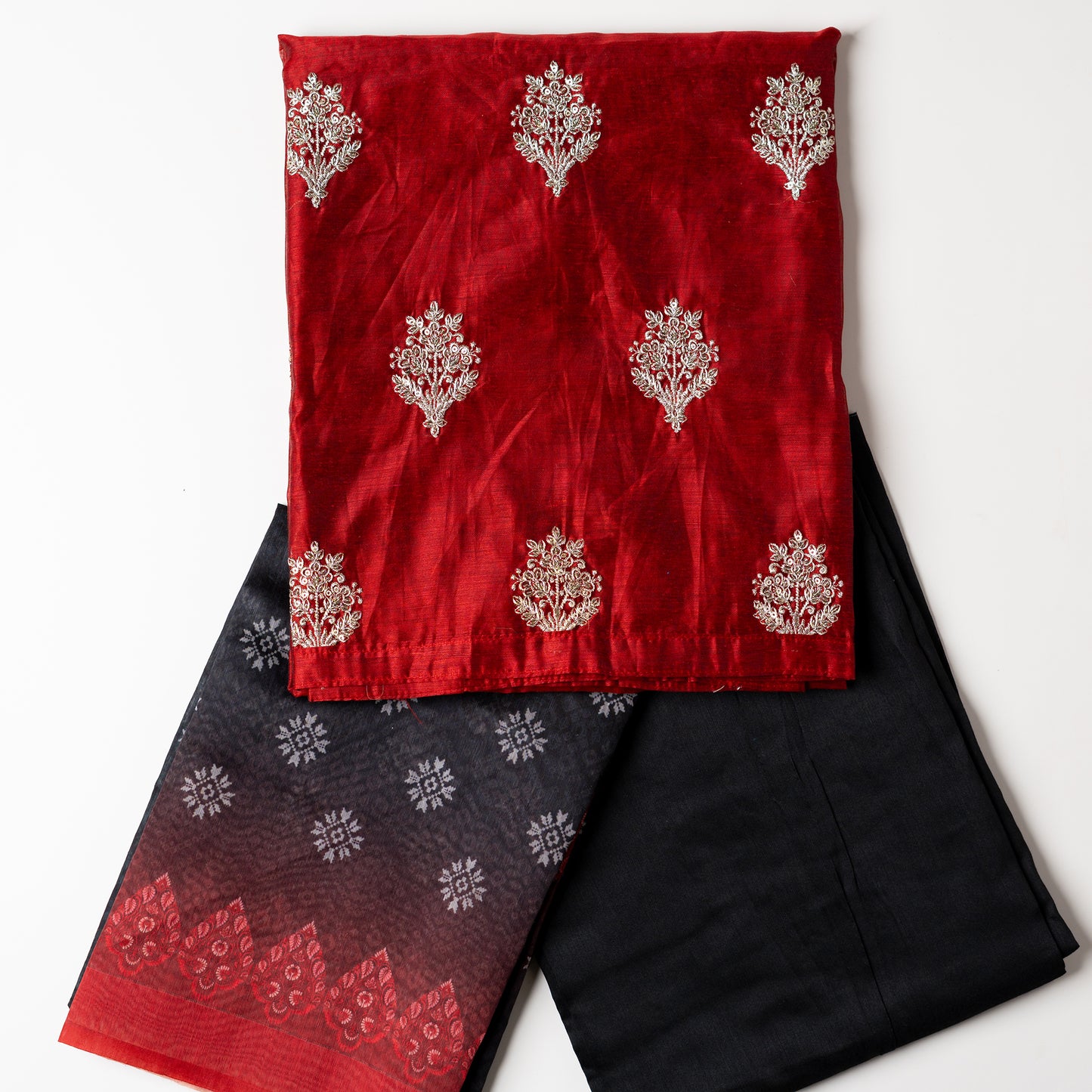 Chanderi silk maroon color top with silver color embroidery work all over the body, silk dupatta with digital prints, cotton silk black color bottom 