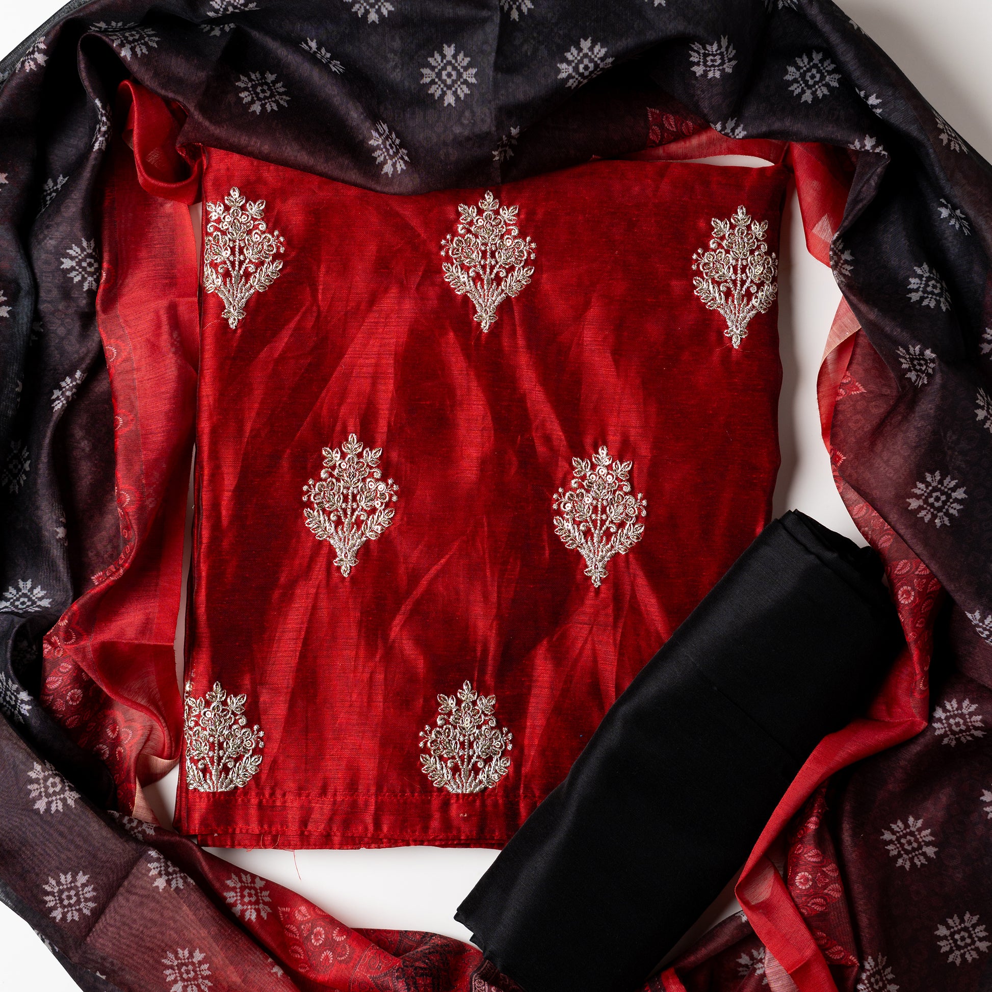 Chanderi silk maroon color top with silver color embroidery work all over the body, silk dupatta with digital prints, cotton silk black color bottom