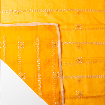 Silk mustard color dupatta with embroidery work and thread work in zari, chanderi silk cream color border matching the top