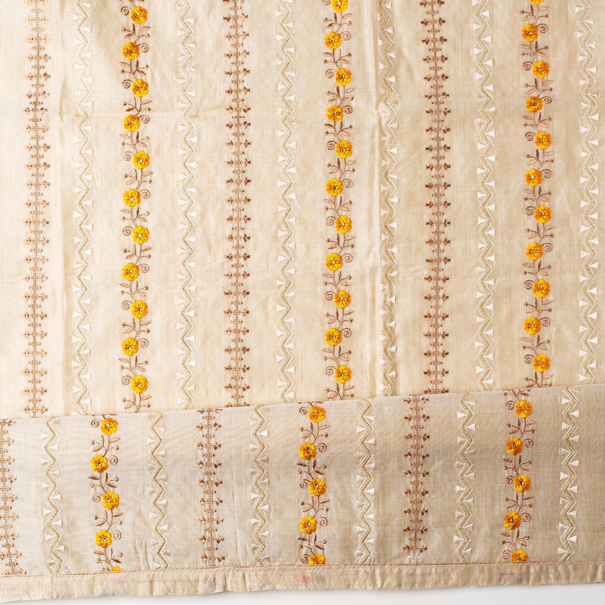 Chanderi silk top with embroidery work and zari thread work, beautiful mustard color flowers in embroidery all over the top