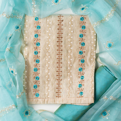 Chanderi Silk Dress Material (Cream & Turquoise)