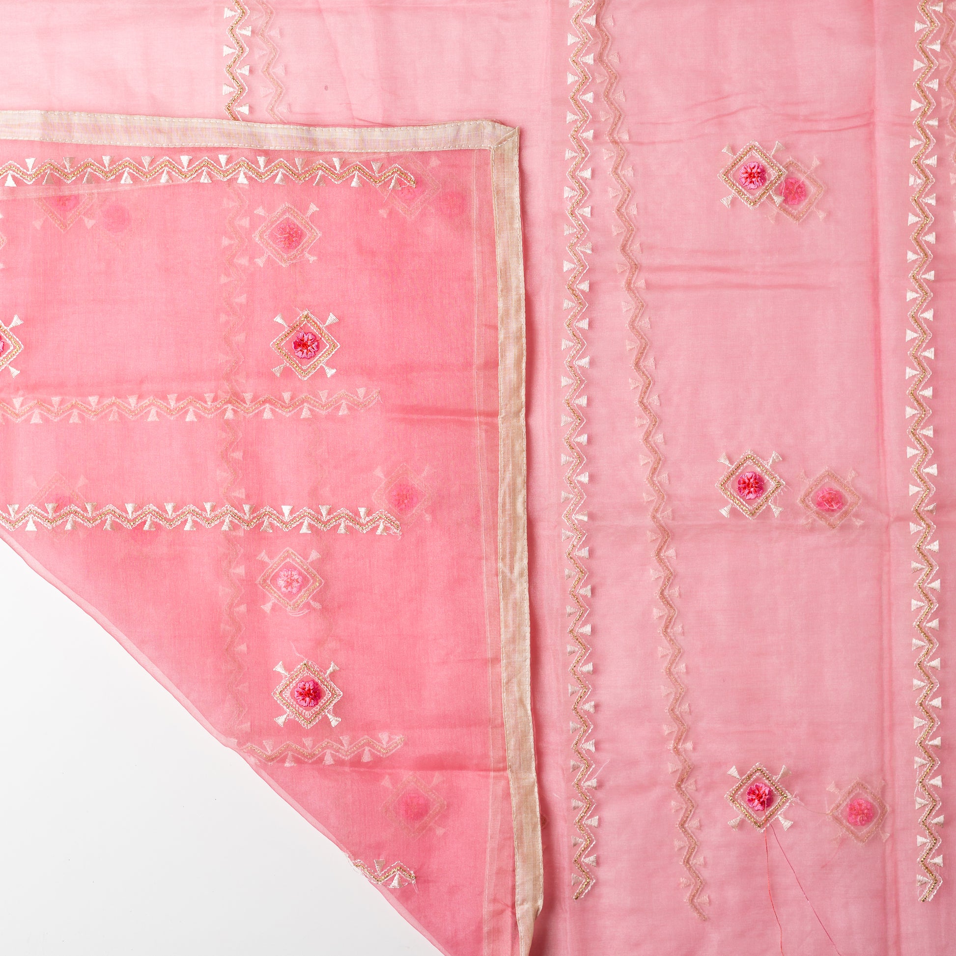 Silk pink color dupatta with embroidery work and thread work in zari, chanderi silk cream color border matching the top