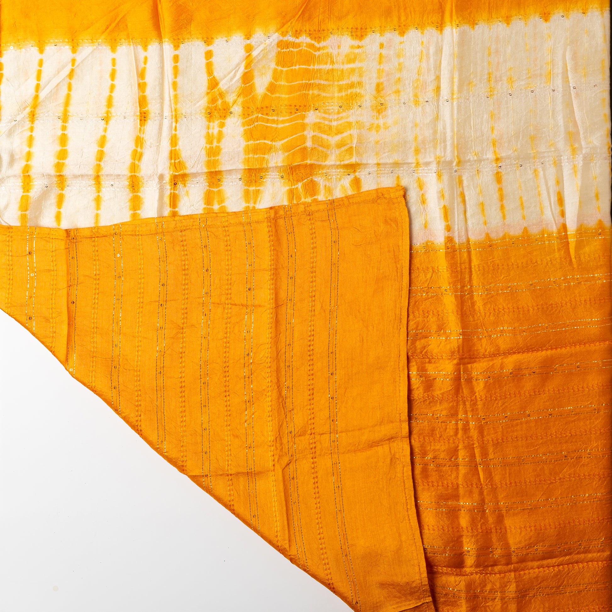 chanderi silk dupatta with sequins and thread work, ivory and mustard color shibori print combination