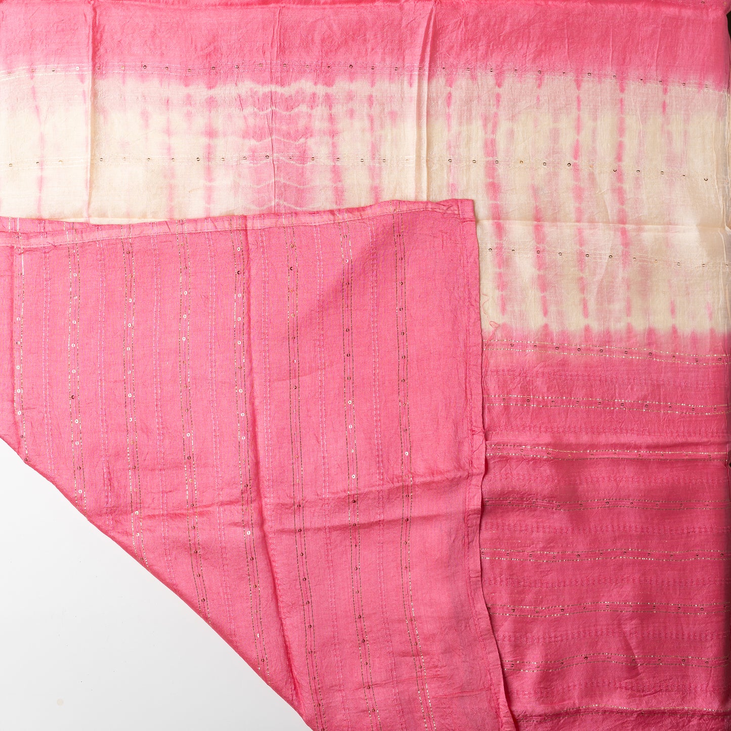 chanderi silk dupatta with sequins and thread work, ivory and pink color shibori print combination