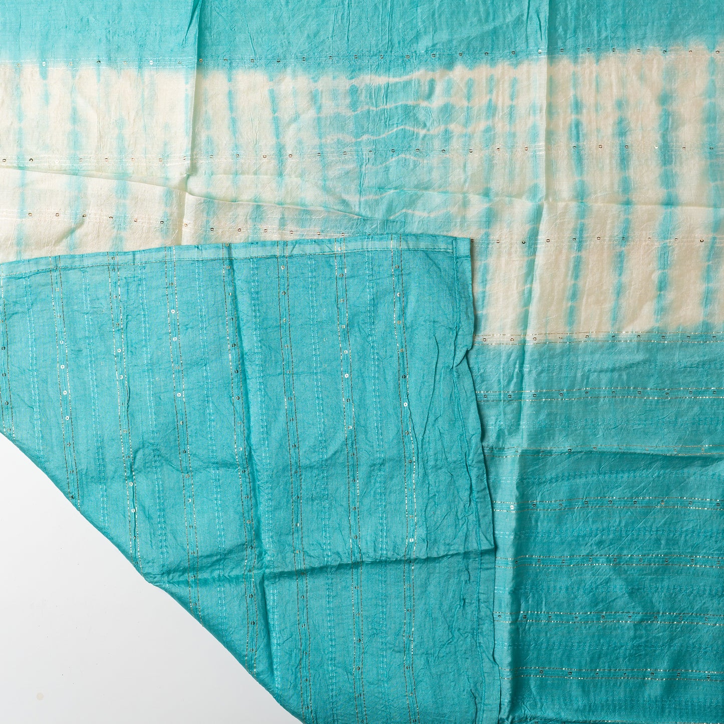 chanderi silk dupatta with sequins and thread work, ivory and sea green color shibori print combination
