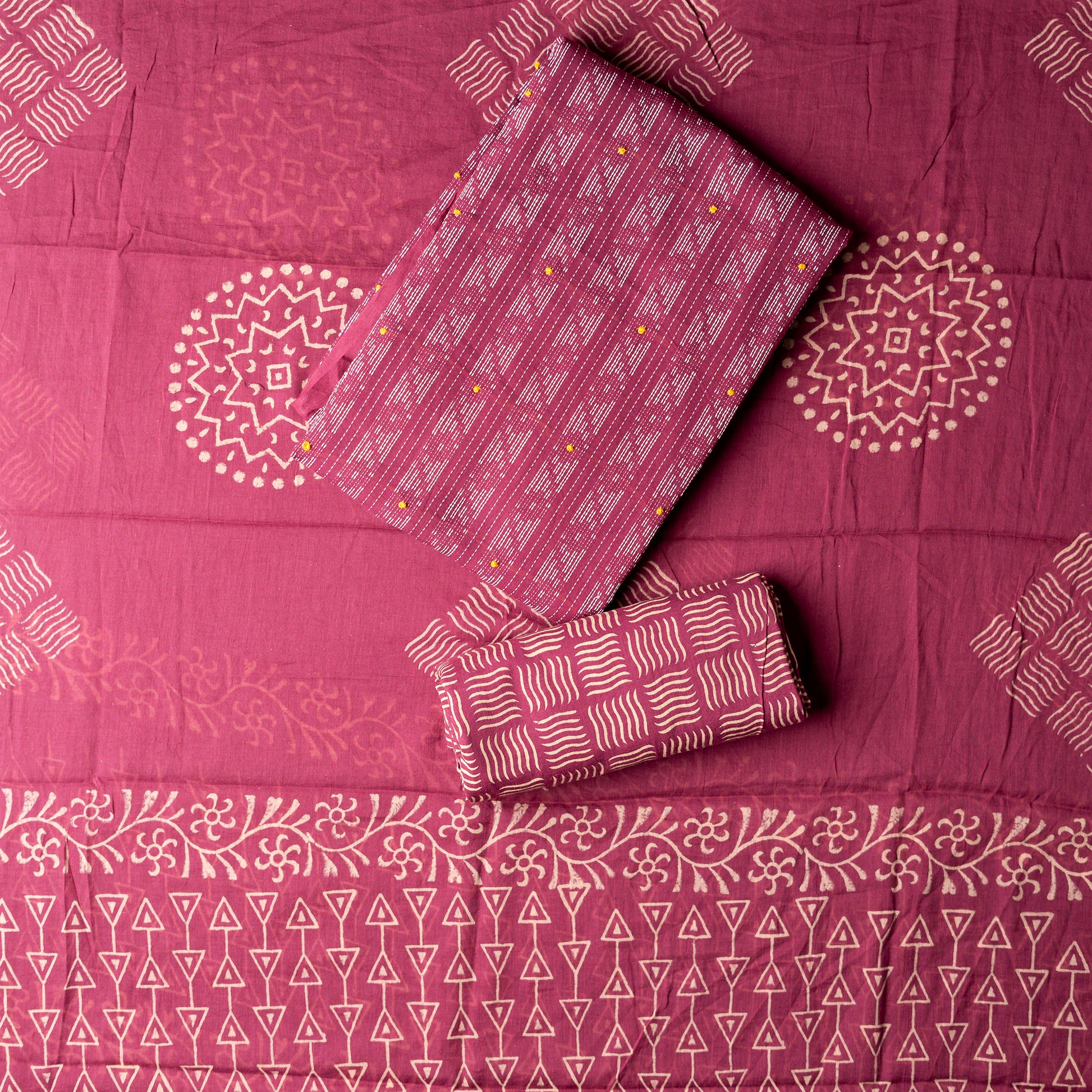 Cotton wine color top with katha work , cotton bottom with print design, mul cotton dupatta with matching print design.
