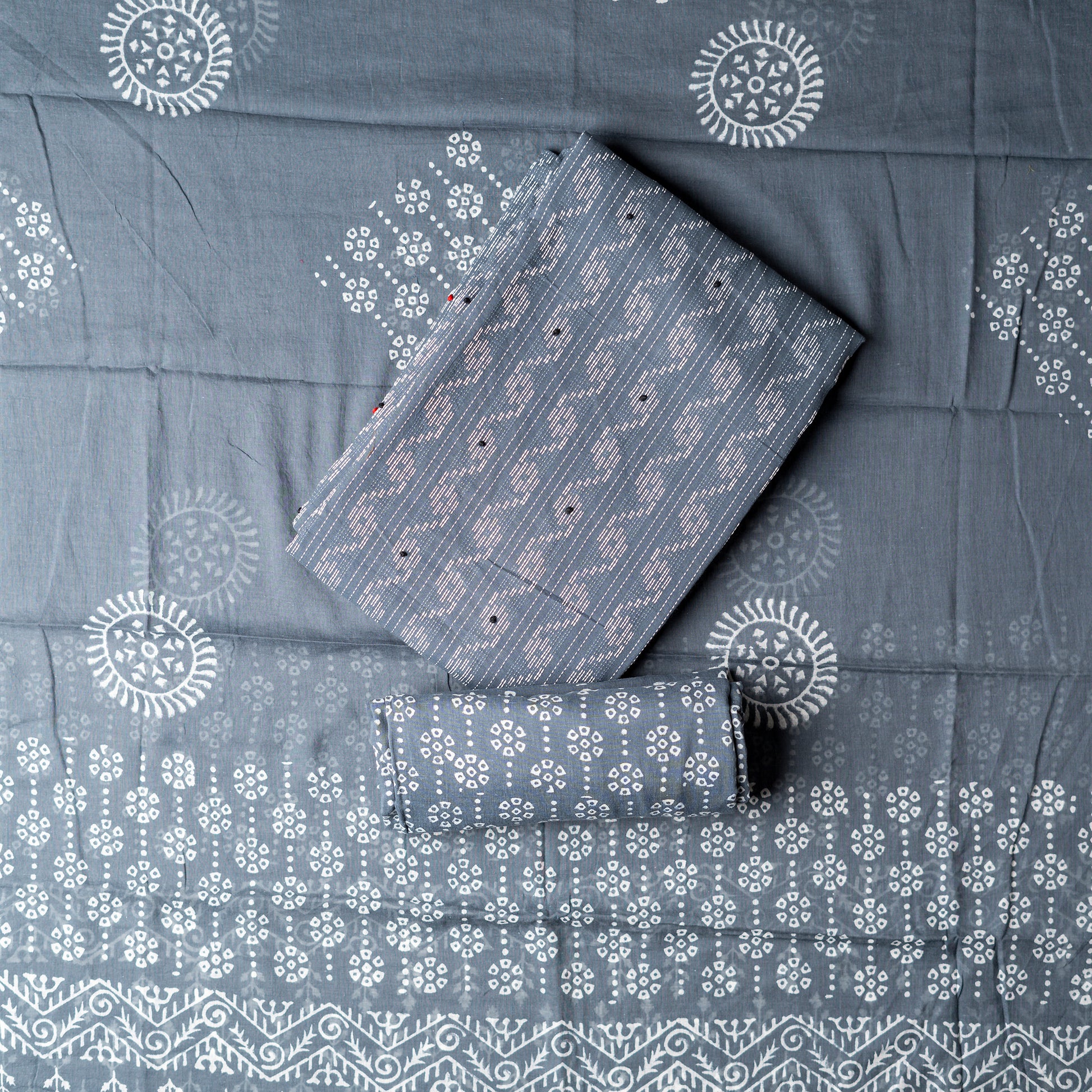 Cotton grey color top with katha work , cotton bottom with print design, mul cotton dupatta with matching print design.