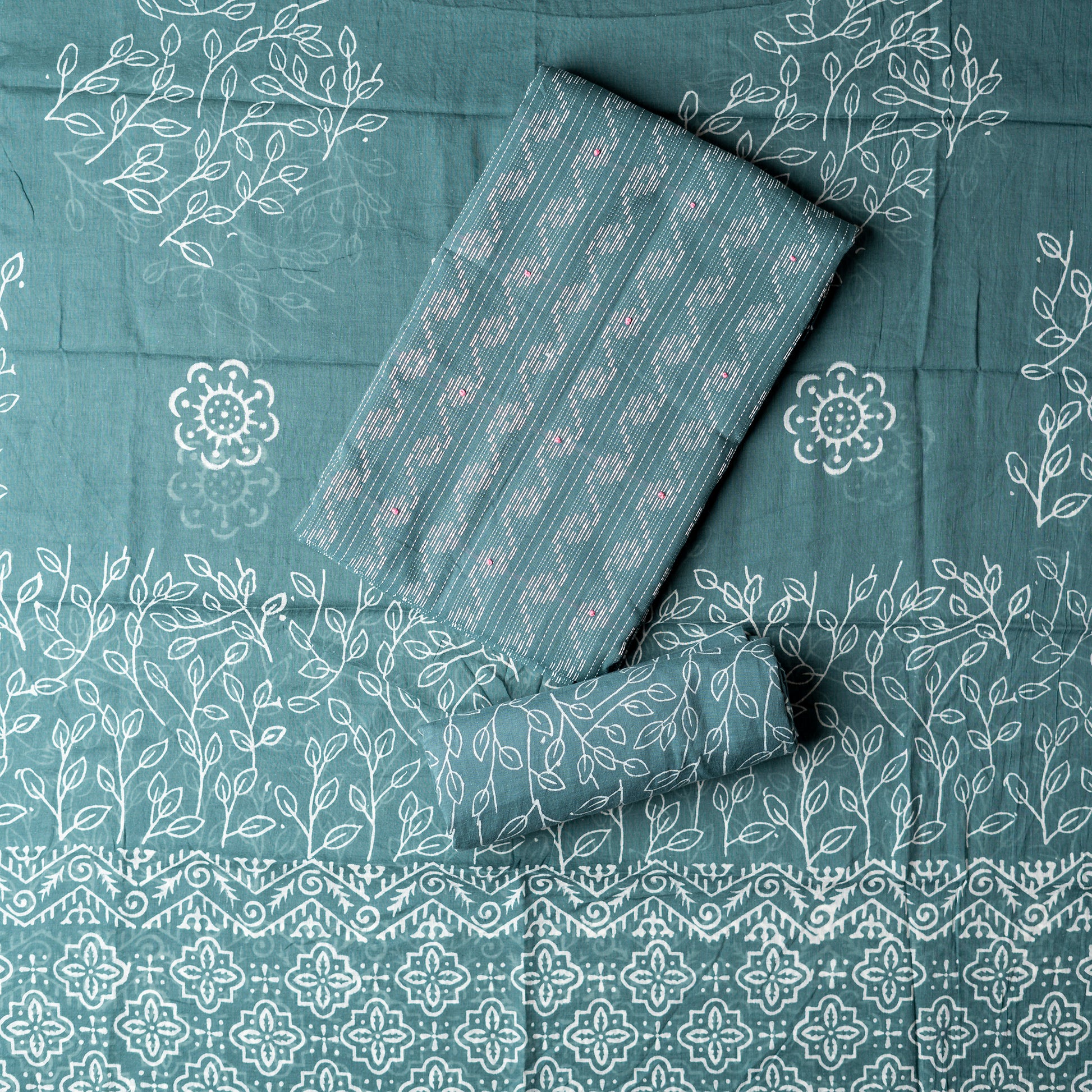Cotton dark green color top with katha work , cotton bottom with print design, mul cotton dupatta with matching print design.