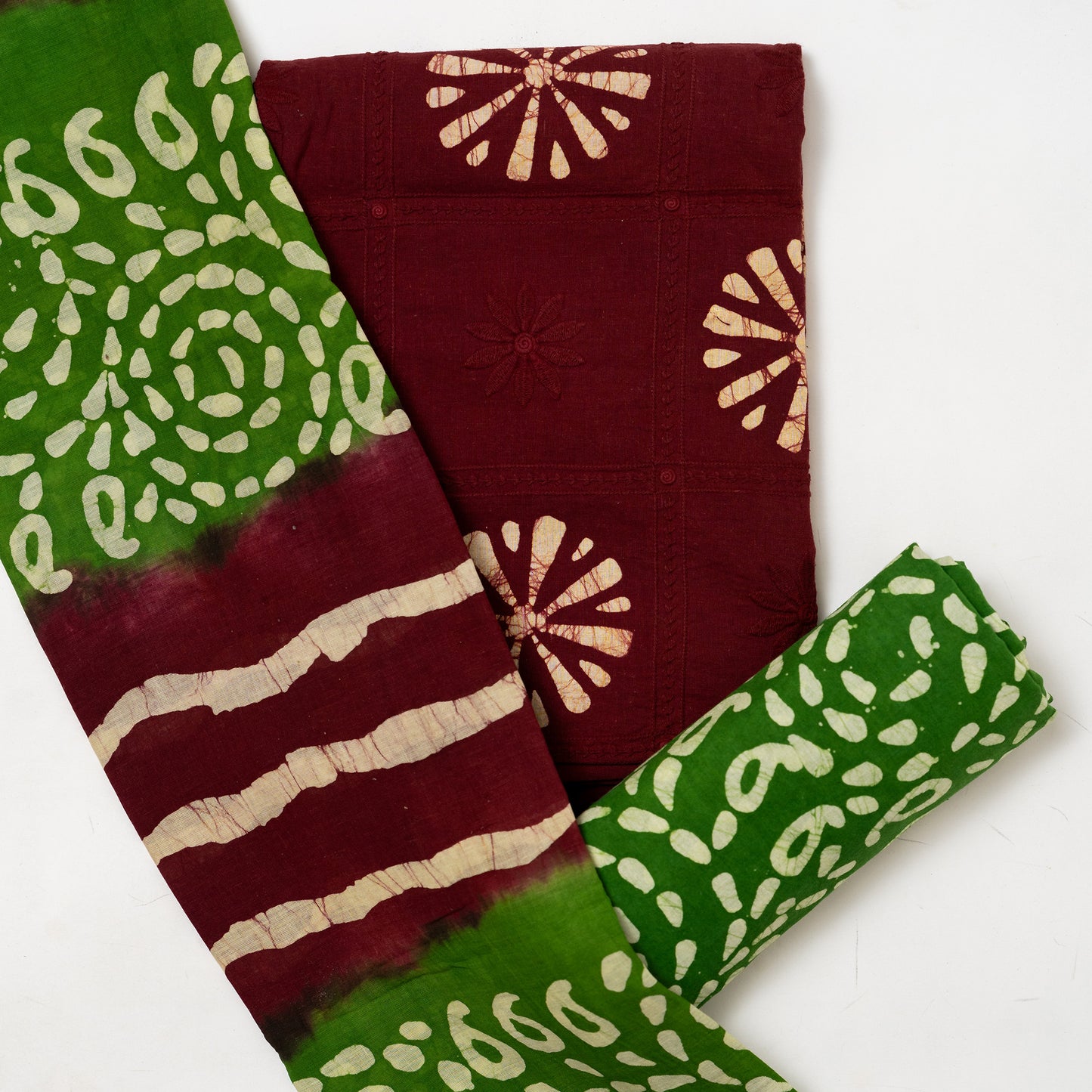 cotton maroon top with embroidery work, green color cotton batik bottom, cotton mul dupatta with maroon and green color 