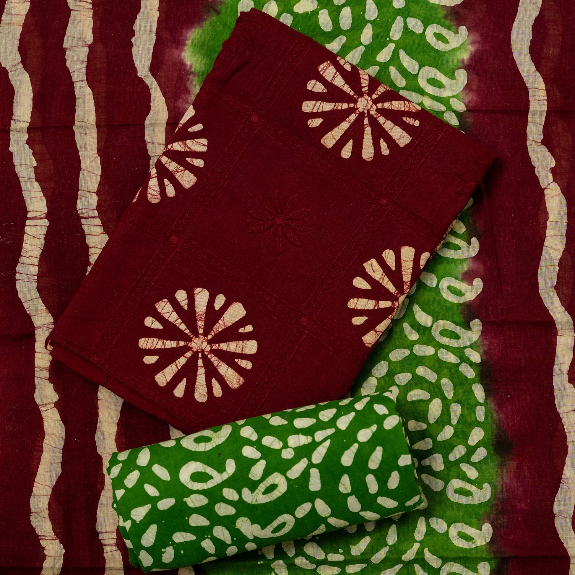 cotton maroon top with embroidery work, green color cotton batik bottom, cotton mul dupatta with maroon and green color 