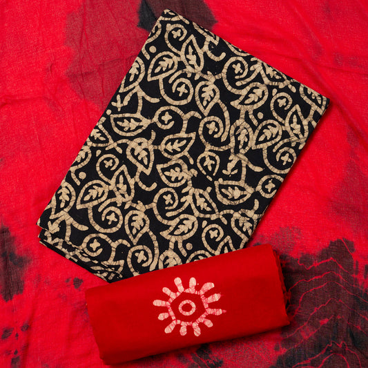 cotton black color batik top with batik prints, red bottom with batik prints, naznin dupatta with red and black  color