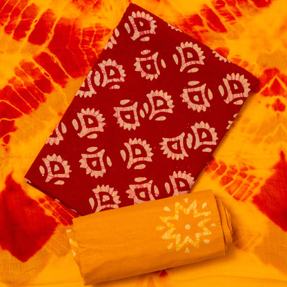 red color cotton top with batik prints, yellow color cotton bottom with batik prints, yellow and red color naznin dupatta