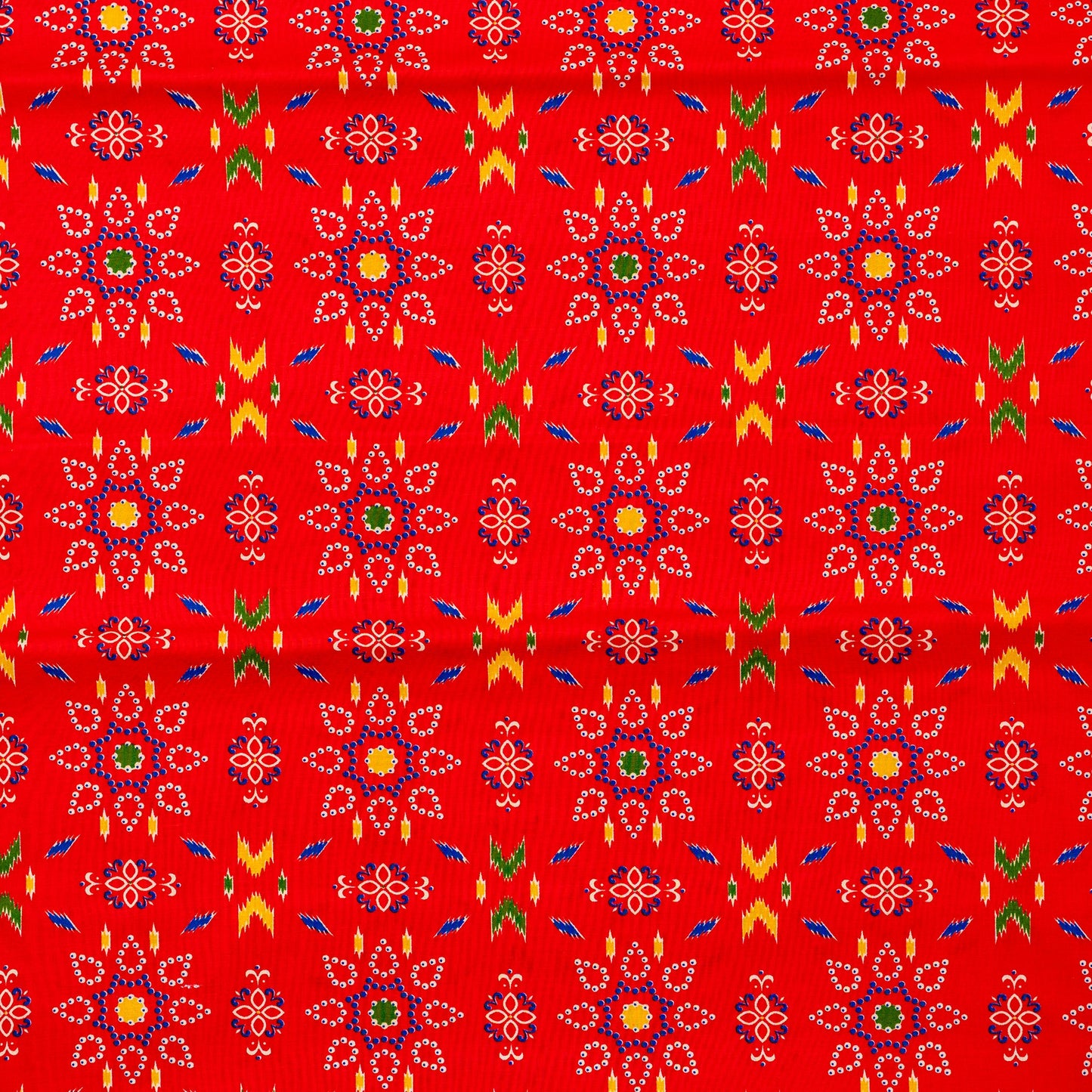 red cambric cotton fabric with multi color prints